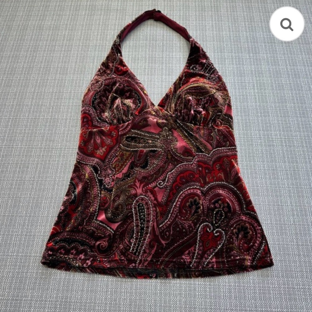 Cache Velour beaded Burgundy Paisley Halter top